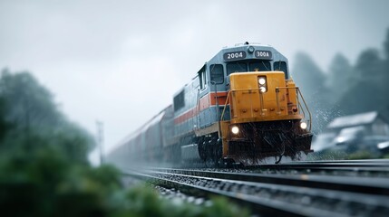 Obraz premium Freight train racing in darkness under pouring rain