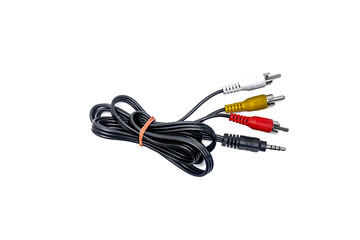 close up of high detail coiled trrs to rca composite av cable