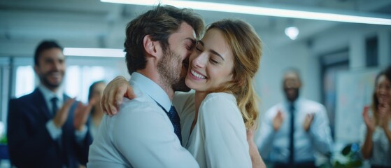 Obraz premium Couples Joyful Embrace Celebrating Success in the Workplace