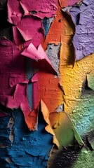 Fototapeta premium Macro of a graffiti-covered wall with torn paper layers and spray paint textures