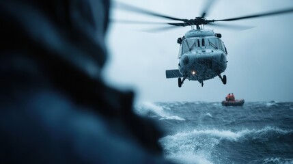 A helicopter hovers over turbulent seas, capturing the dramatic scene of a rescue operation, emphasizing bravery and urgency in overcoming life's challenges and adventures.