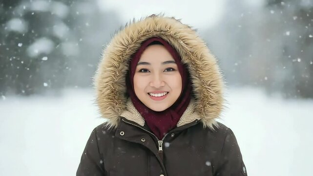 Young Woman Smiling Warmly in Snowy Winter Landscape Wearing Hooded Parka