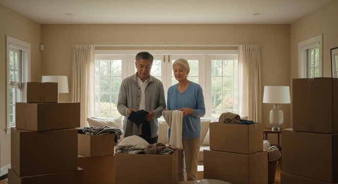 Close-up on the hands of an empty nester gently folding a baby blanket, with a blurred background of moving boxes and a well-loved family home, conveying sentimental decluttering
