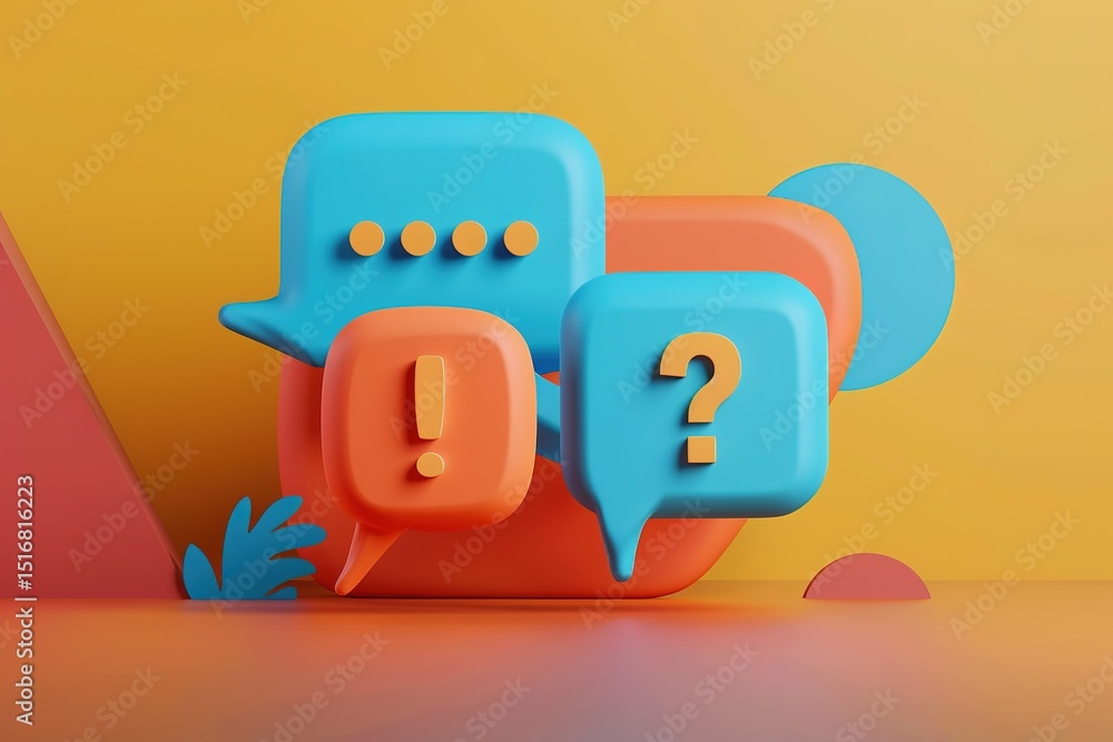 Poster stylized message bubbles with symbols for discussion exclamation and question