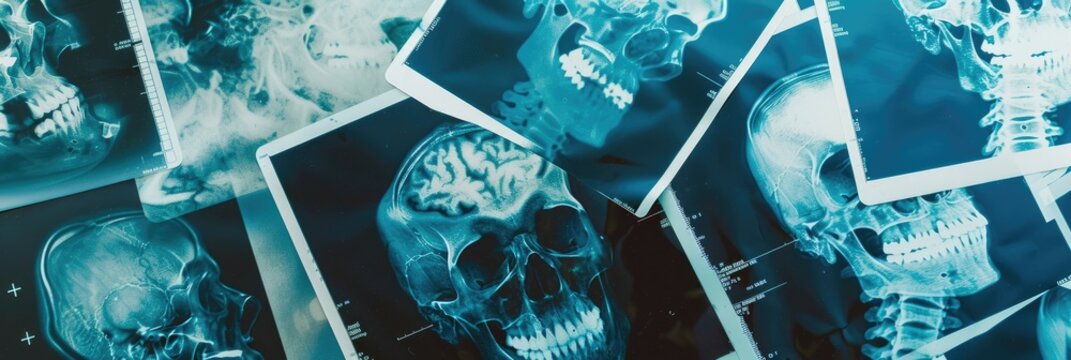 horizontal banner for a medical clinic and diagnostic laboratory, X-rays of the brain, top view, blue background
