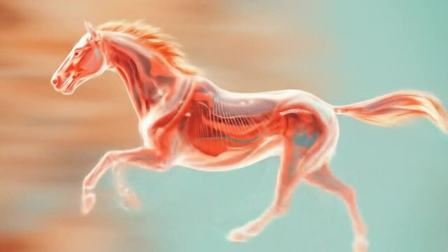 X-ray illuminated horse racing motion, a futuristic view on equine anatomy