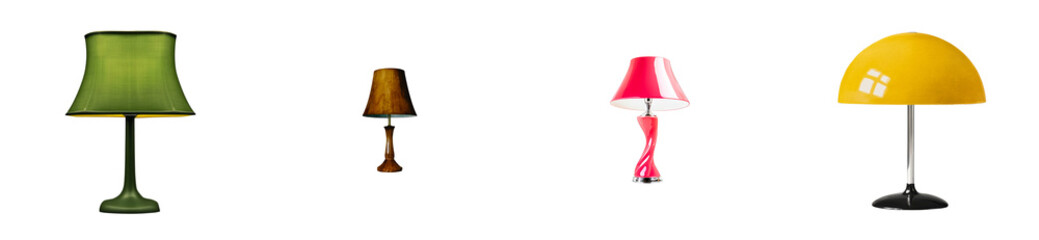 Assorted table lamps lined up against dark, cut out transparent