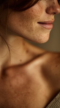 Macro shot of bare shoulders and collarbones in soft focus, freckles, moles, natural skin imperfections