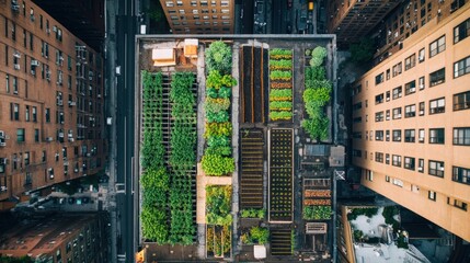 Aerial View of Urban Rooftop Garden in City