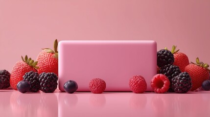 A pink rectangular supplement box, 40 x 28.5 cm in size, placed horizontally on a glossy white-pink reflective surface. The pink surface reflects the soft pink background. 