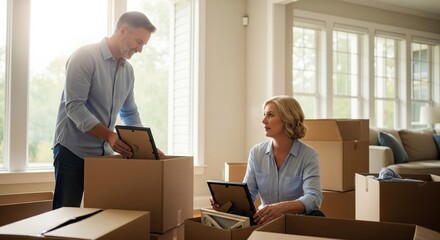 Close-up on the hands of an empty nester gently folding a baby blanket, with a blurred background of moving boxes and a well-loved family home, conveying sentimental decluttering