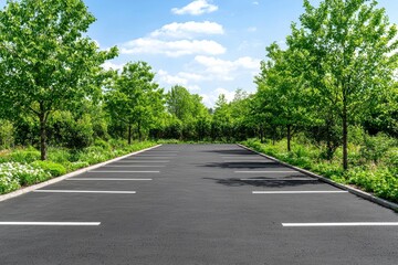 Obraz premium Empty Asphalt Parking Lot Surrounded by Lush Greenery Under a Partly Cloudy Sky