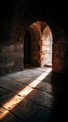 Medium shot of sunrays streaming through an old arched doorway into a dark stone corridor