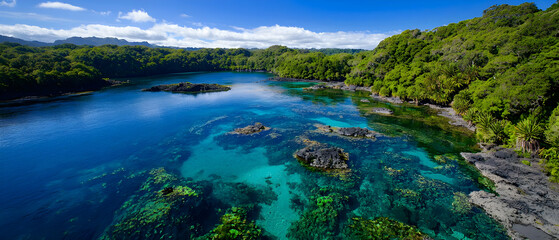 Tropical Bay With Lush Forest And Clear Water