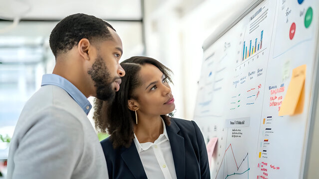 Portrait of african american business professionals analyzing financial data on whiteboard in modern office background, teamwork in office concept - Powered by Adobe