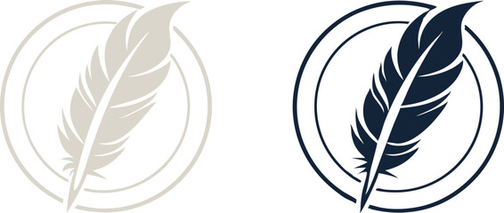 Gold feather logo design with circular emblem and luxury branding vector illustration.