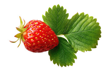 A Burst of Summer: Vibrant Strawberry with Fresh Green Leaves Against a Deep Black Backdrop, a Celebration of Natural Sweetness.