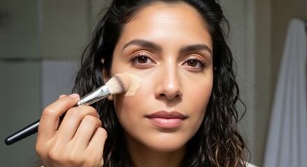 Obraz premium Smiling Woman in Her 30s Applying Makeup with Brush at Home