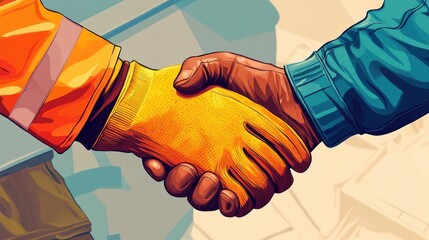 building, teamwork, partnership, gesture and people concept - close up of builders hands in gloves greeting each other with handshake on construction site illustration , no logos, no brands