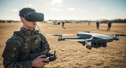 Soldier wearing virtual reality goggles controls drone during training at an outdoor training range during the day