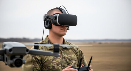 Fototapeta premium Soldier wearing virtual reality goggles controls drone during training at an outdoor training range during the day