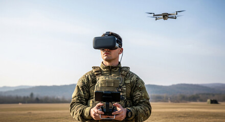 Soldier wearing virtual reality goggles controls drone during training at an outdoor training range during the day