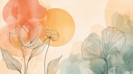 Floral and botanical line art background. Summer tone with tropical leafy , lotus flower, ginkgo leaves, branch vector. Watercolor wallpaper and circle sun for banner, prints, poster, wall art. illus