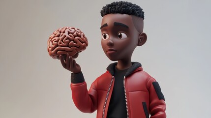 Rendered image of a cartoon black African American hip hop rapper holding a brain, 3d illustration illustration , no logos, no brands