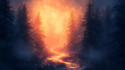 Magical forest path bathed in warm light, misty and dreamlike, leading into the unknown