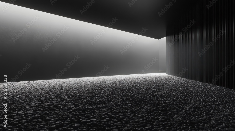 Poster abstract spacious place with dark wall, granular floor and spot light from above. 3d rendering illus