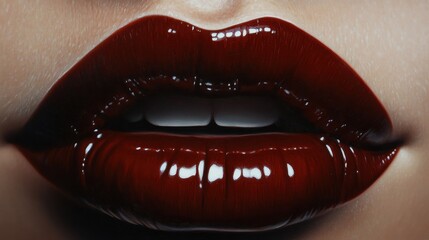 Glossy lips in rich brown and red lipstick touching gently, highlighting the allure of cosmetic products and the artistry of lip augmentation procedures