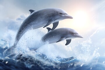 Dolphins leap through water in sunlight