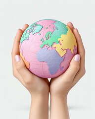 Pastel Globe Held in Hands Against White Background