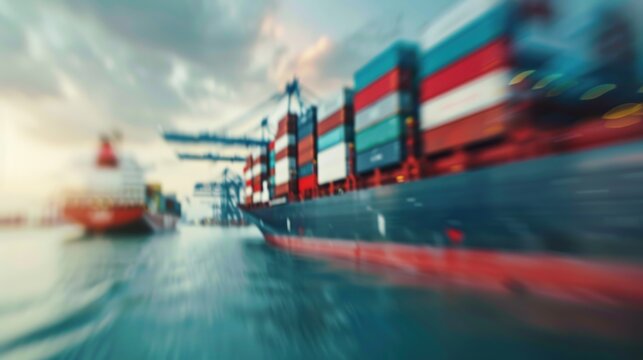 Fototapeta Blurred seaport scene with cargo ships and industrial equipment