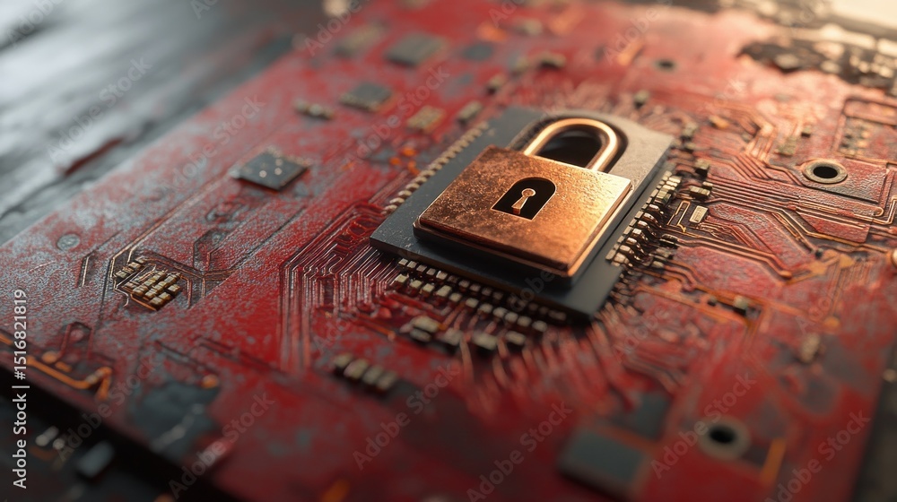 Poster a computer chip with a lock on it ai generated