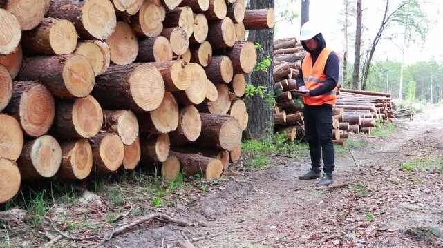 Worker in bright orange vest inspects freshly cut logs stacked along a forest path, surrounded by trees and nature during daylight hours in a logging area
