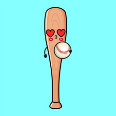 An adorable cartoon Baseball Bat with heart eyes happily holding a baseball in a bright setting.
