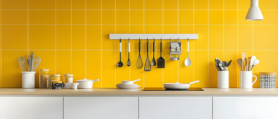 Bright Yellow Kitchen With White Cabinets And Utensils