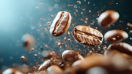 Dynamic visual of coffee beans suspended in air, highlighting their rich texture and aroma, invoking the passion of coffee lovers and baristas alike.