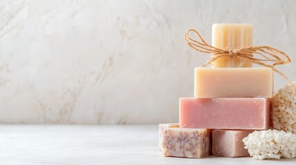 A beautifully arranged stack of artisanal soaps exudes elegance and craftsmanship, perfect for promoting self-care and relaxation in a visually appealing setting.