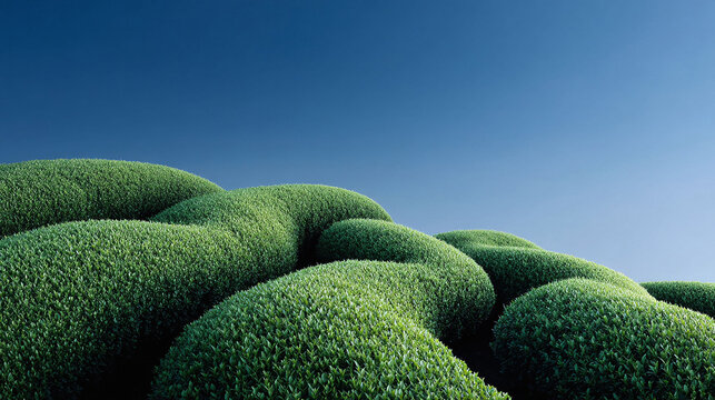 Serene landscape featuring lush, green topiary hills under a clear blue sky. Perfect for illustrating tranquility, nature, landscaping, or environmental themes.