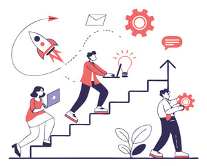 Vector Illustration of Startup, Business Plan, Project Development, from Idea to Realisation. Creative Concept for Web Banner, Social Media Banner, Business Presentation, Marketing Material