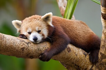 Red panda resting in tree branch
