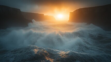 Dramatic sunset over turbulent waves