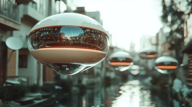 A series of floating reflective spheres hover over calm waters, capturing the surrounding urban scenery and creating a futuristic artistic effect in a serene environment.