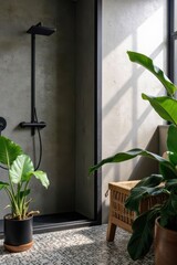tropical resort style bathroom with matte black rain shower, decorative rattan elements, large leafy plants against concrete walls, natural light beaming in from side window