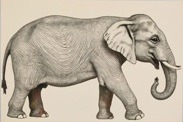 vertical composition showing detailed elephant forms in classic thai style, embedded in a modern, glitch art color treatment, balanced with empty negative space.