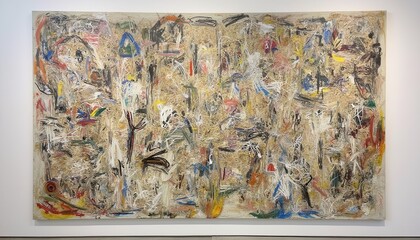 frontal shot of mural sized canvas displaying chaotic energetic composition with layers of Thai script, swirled paint, and rice husk texture.