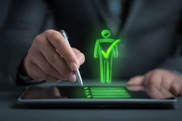 Naklejka premium Businessman using a tablet computer and pen with a virtual hologram icon of a person's checkmark