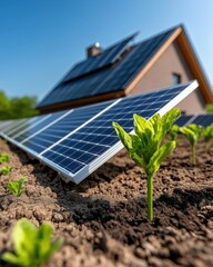 Home with solar panels in a vibrant backyard under a clear blue sky creating sustainable energy solutions